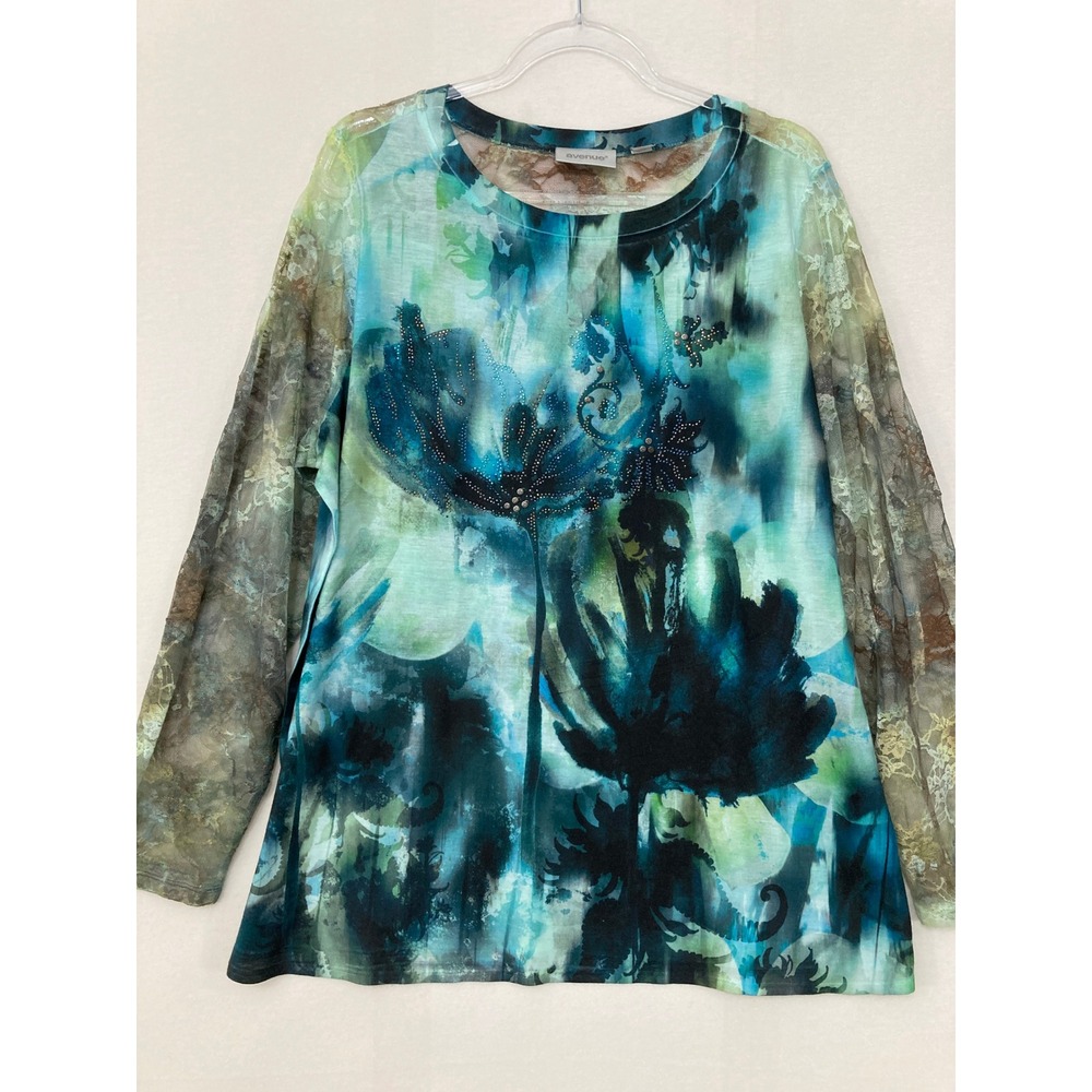 Avenue Top size 18/20 Floral Abstract Lace‎ Sleeve Rhinestone Watercolor Artsy
